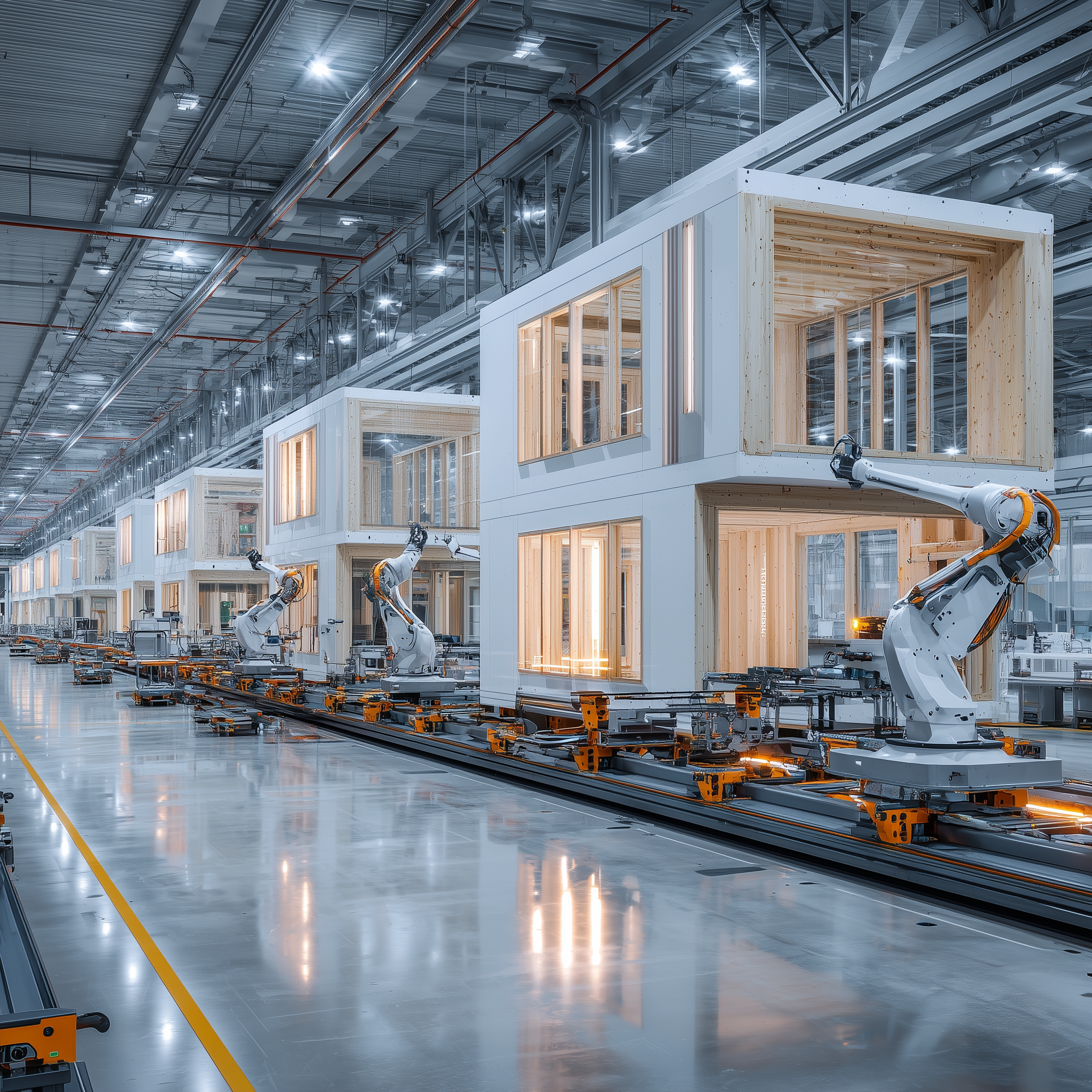 Automated factory assembly line constructing modular housing units, with robotic arms installing window panels in a brightly lit, modern industrial facility.