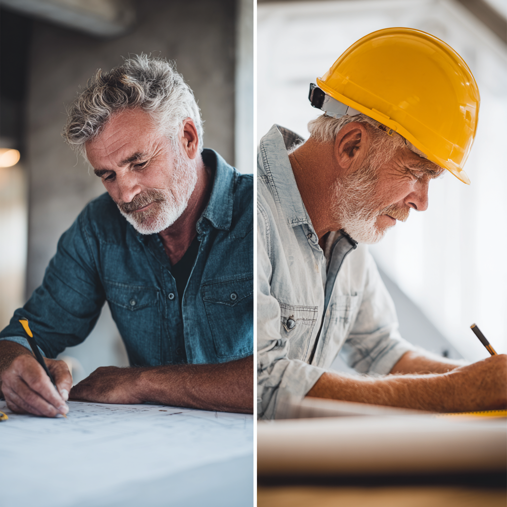Architect drawing at his table. Builder on the jobsite.