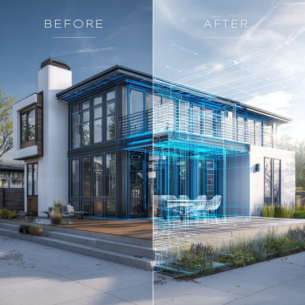 AR/VR headset visualization of a homeowner previewing roofing and siding on their house.
