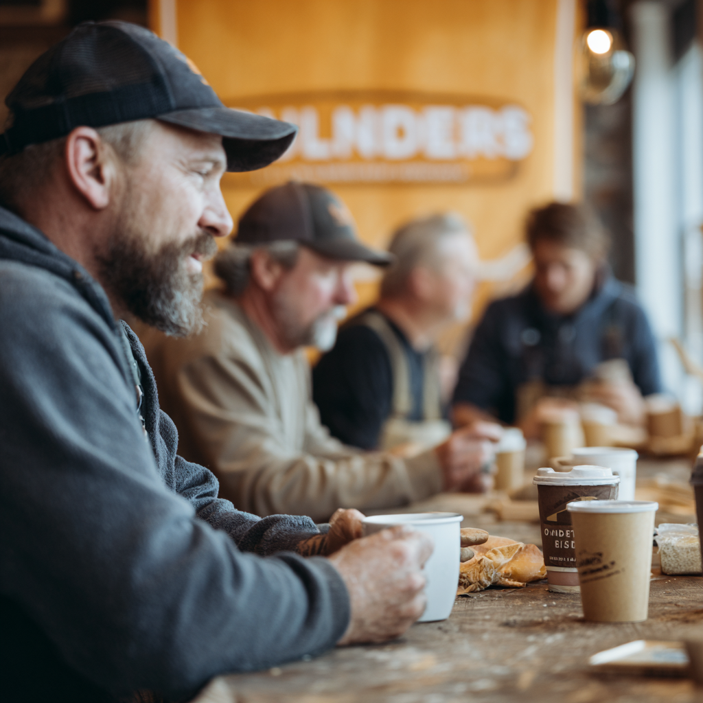 Builders and contractors networking at a branded breakfast event.