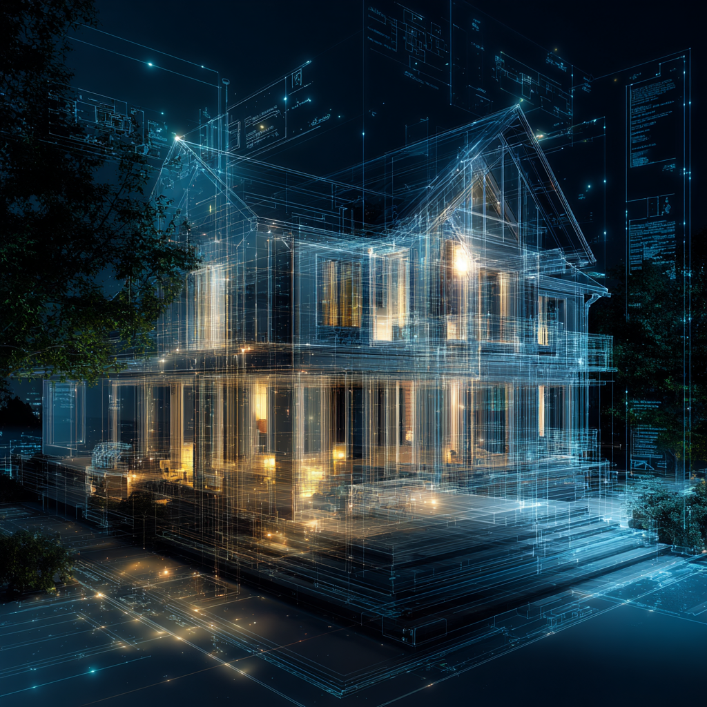 Abstract digital blueprint of a house overlayed with AI neural network lines, symbolizing the intersection of technology and building products marketing.