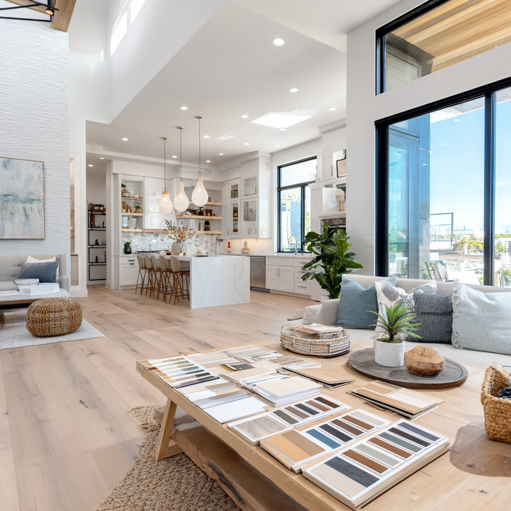Modern open-concept home interior with large windows, sleek cabinetry, wood flooring, and stylish décor accents. Building product samples such as siding and decking are displayed on a table in the foreground, symbolizing how home décor PR connects lifestyle design with manufacturer products.