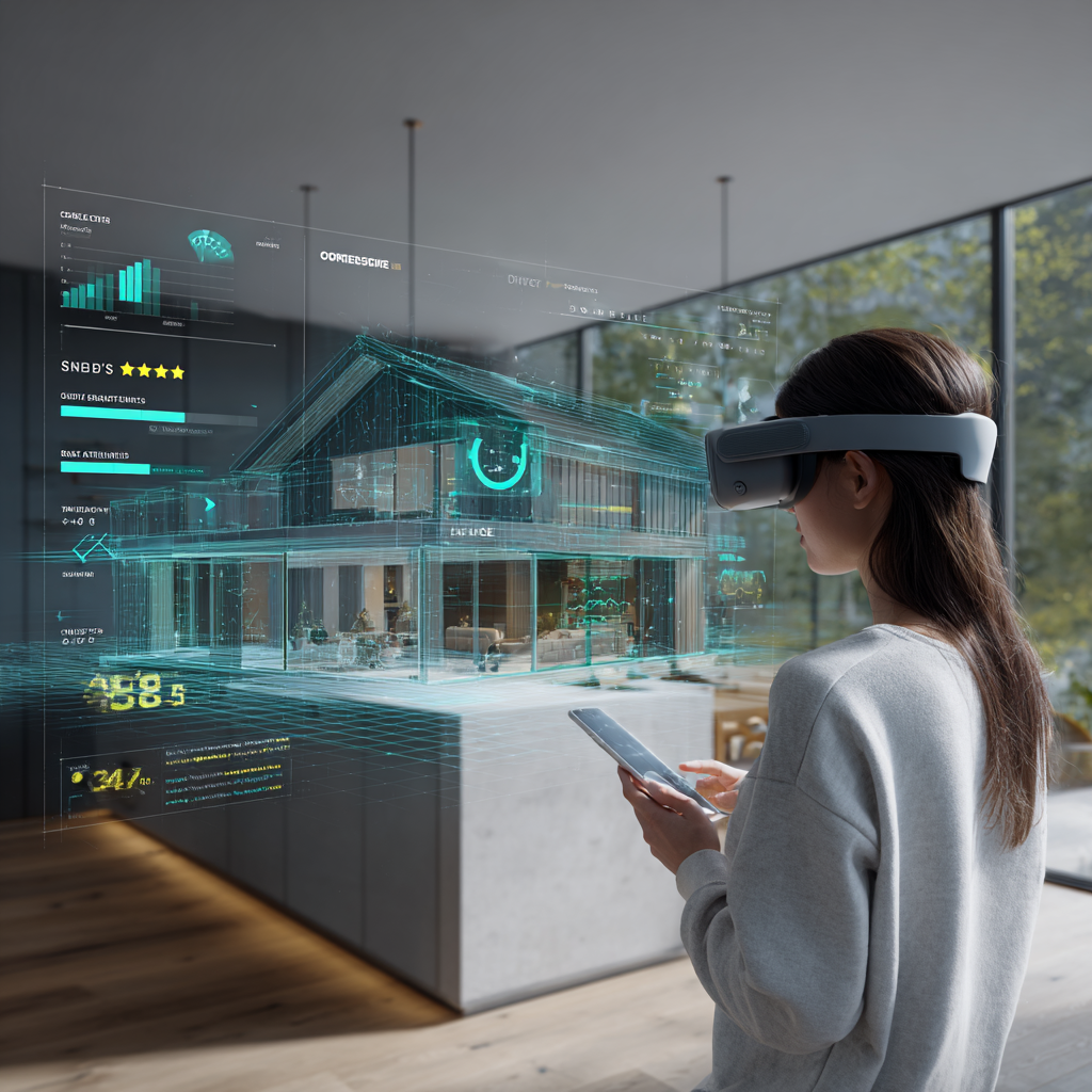 “Homeowner wearing VR headset exploring virtual kitchen remodel showroom.”