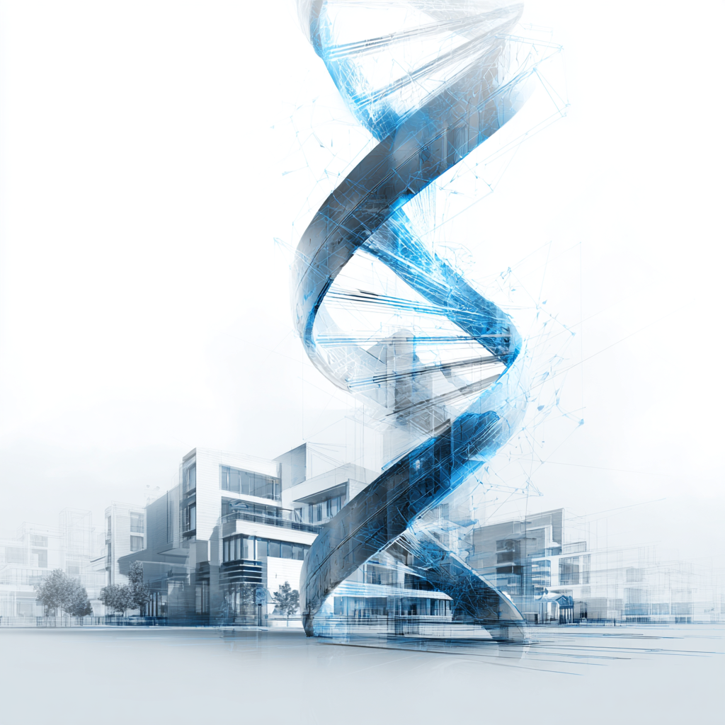 “Hero graphic showing a glowing DNA double helix transforming into building products such as siding, roofing shingles, windows, and decking. Futuristic architectural forms in the background with Draper DNA’s signature Cerulean blue accents. Symbolizes Draper DNA’s expertise in building products marketing.”