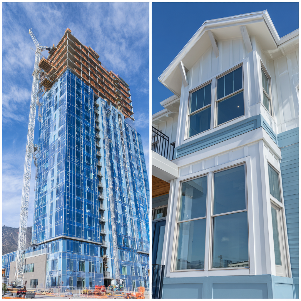 Modern commercial façade vs. traditional residential exterior.