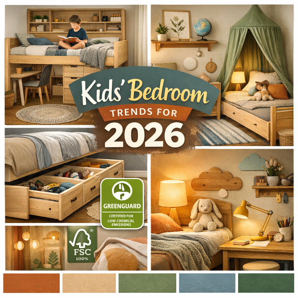 “Modern children’s bedroom with modular furniture and warm neutral colors”