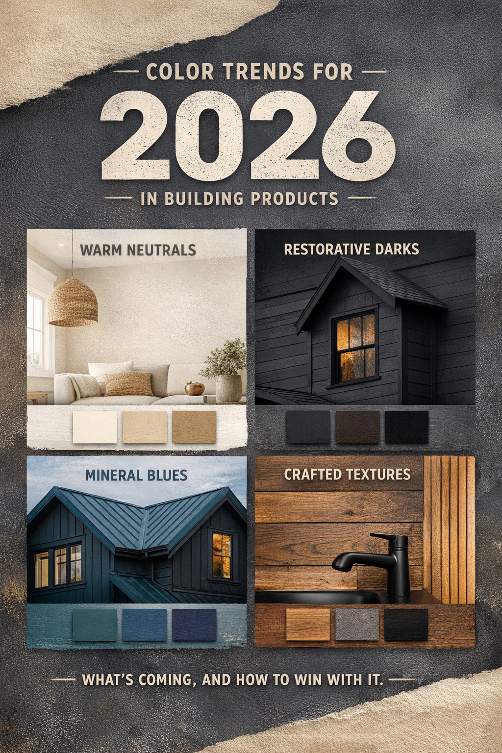 “2026 construction color palette featuring warm neutrals, mineral blues, and charcoal tones”