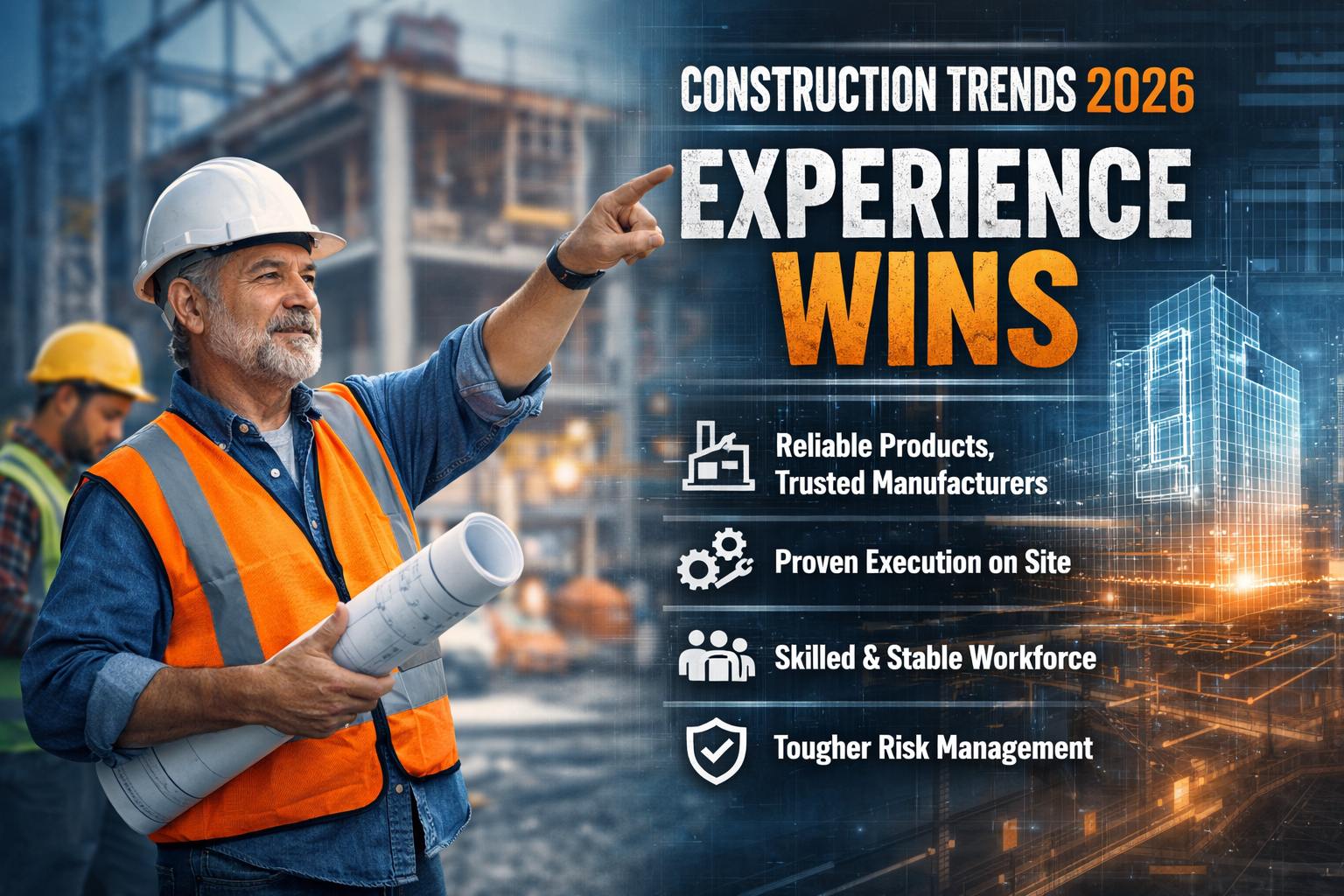 Experienced construction professionals coordinating materials and installation on a modern jobsite, representing construction trends and execution challenges in 2026
