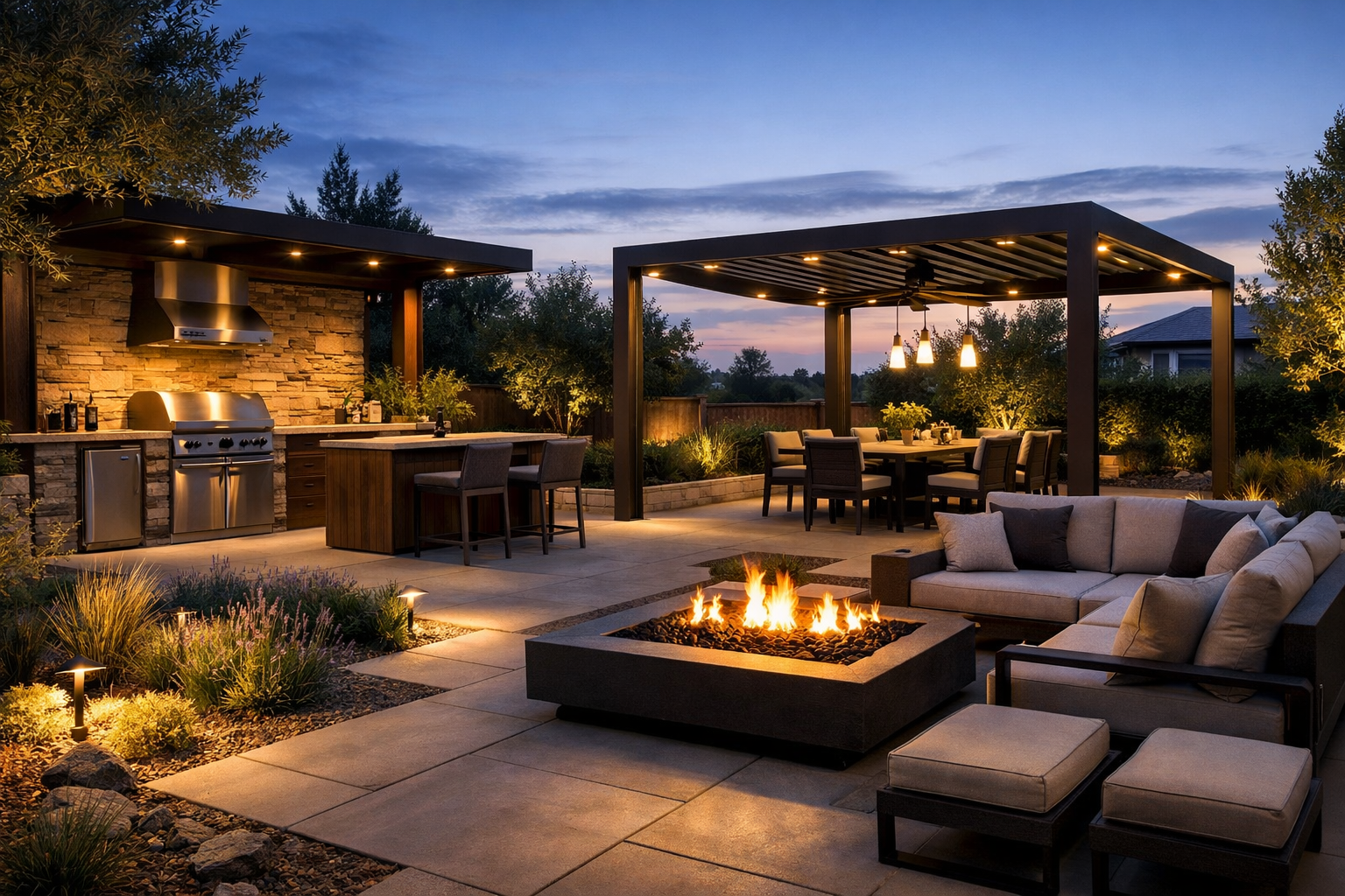 “Modern outdoor living space with pergola, outdoor kitchen, and layered lighting”